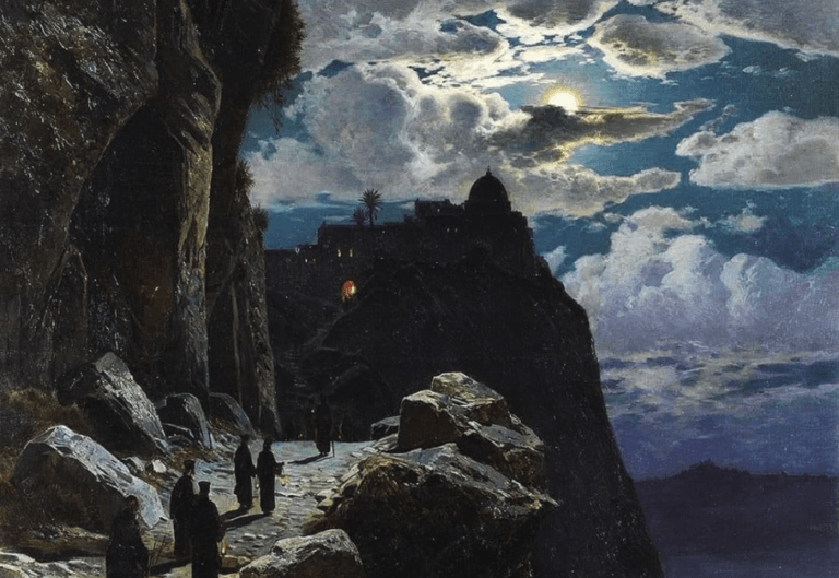 Art by Hermann Corrodi shows travellers on a mountain road under a bright moon clouded over.