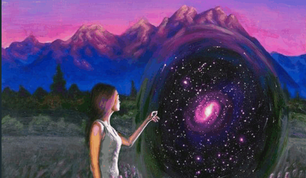 Art by Oleysa Umantsiva showing a woman in a lavender coloured landscape touching a portal opening into the universe.